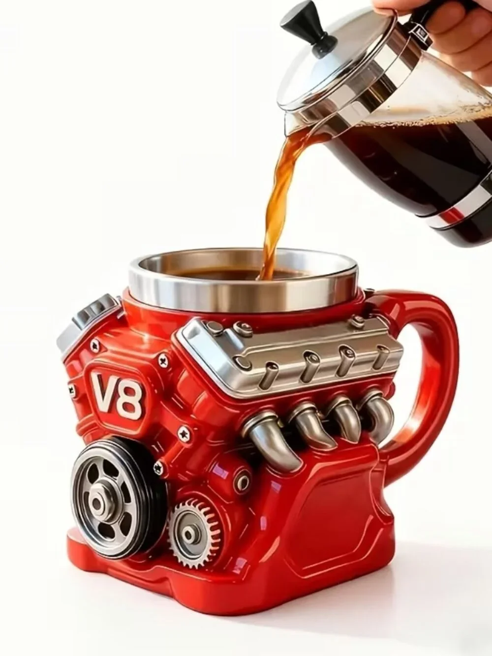 V8 Engine Stainless Steel Coffee Mug w/Insulated Handle, Perfect for Mechanics